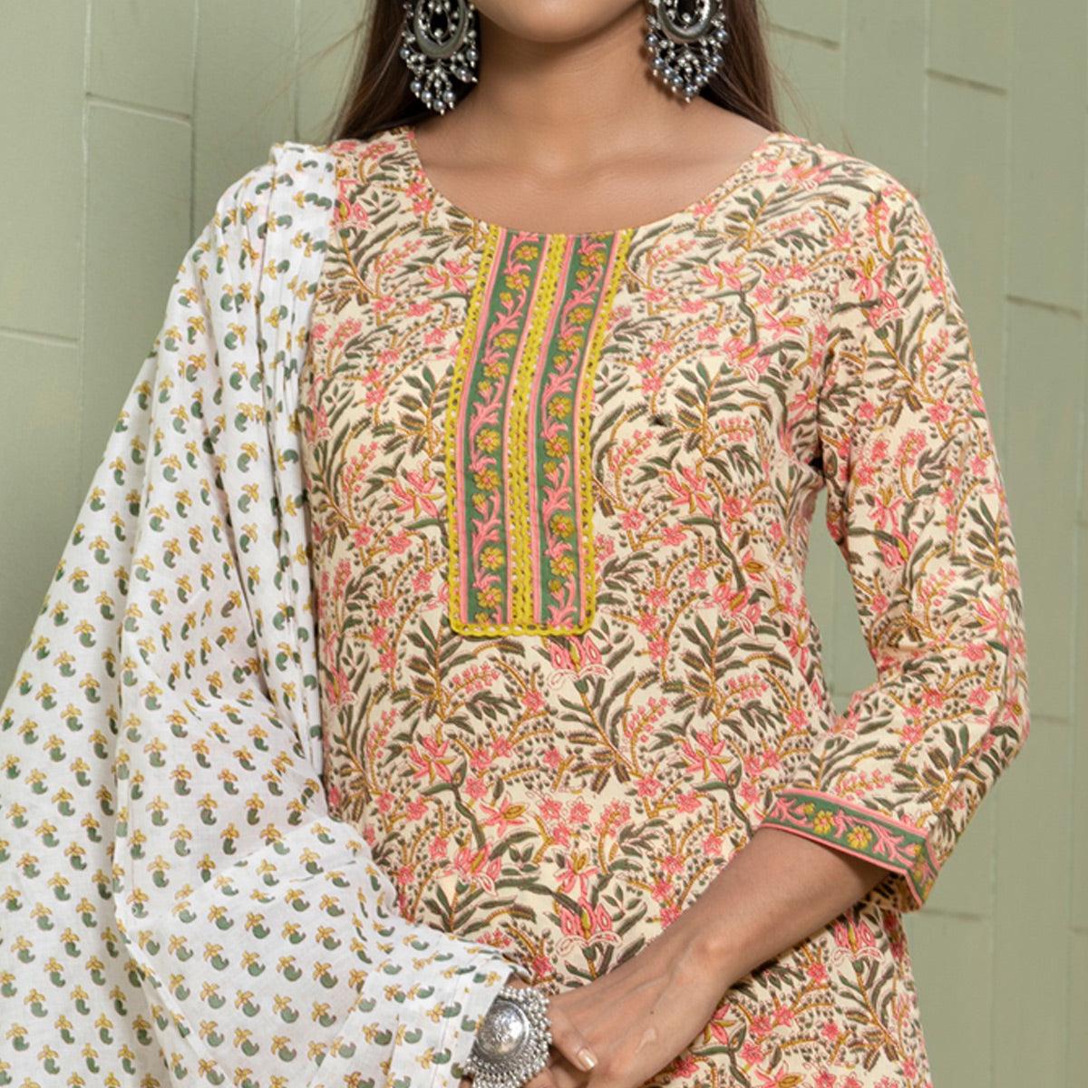 Cream Floral Printed Cotton Blend Kurti Pant Set With Dupatta