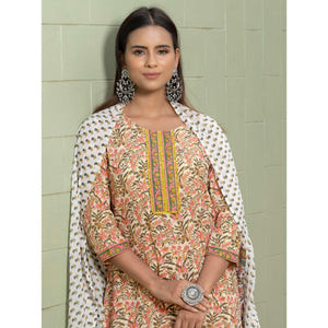Cream Floral Printed Cotton Blend Kurti Pant Set With Dupatta