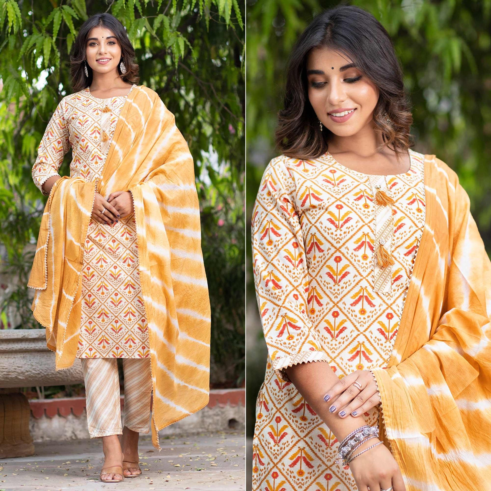 Cream Floral Printed Pure Cotton Kurti Pant Set With Dupatta