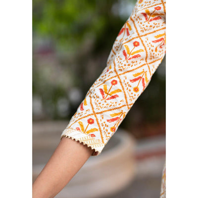 Cream Floral Printed Pure Cotton Kurti Pant Set With Dupatta