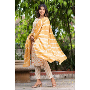 Cream Floral Printed Pure Cotton Kurti Pant Set With Dupatta