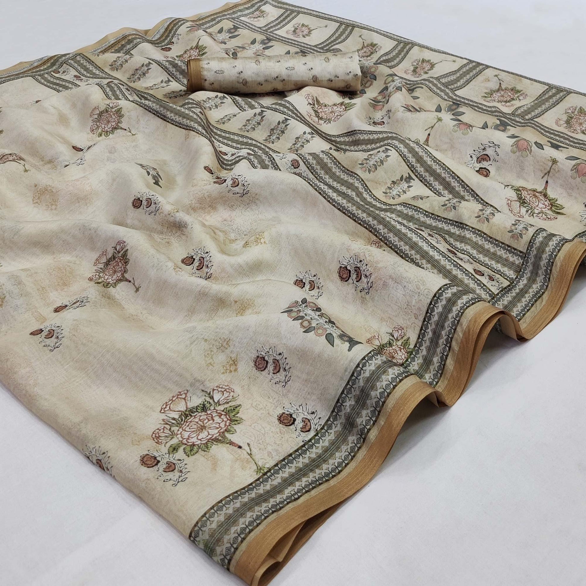 Cream Floral Printed Pure Cotton Saree