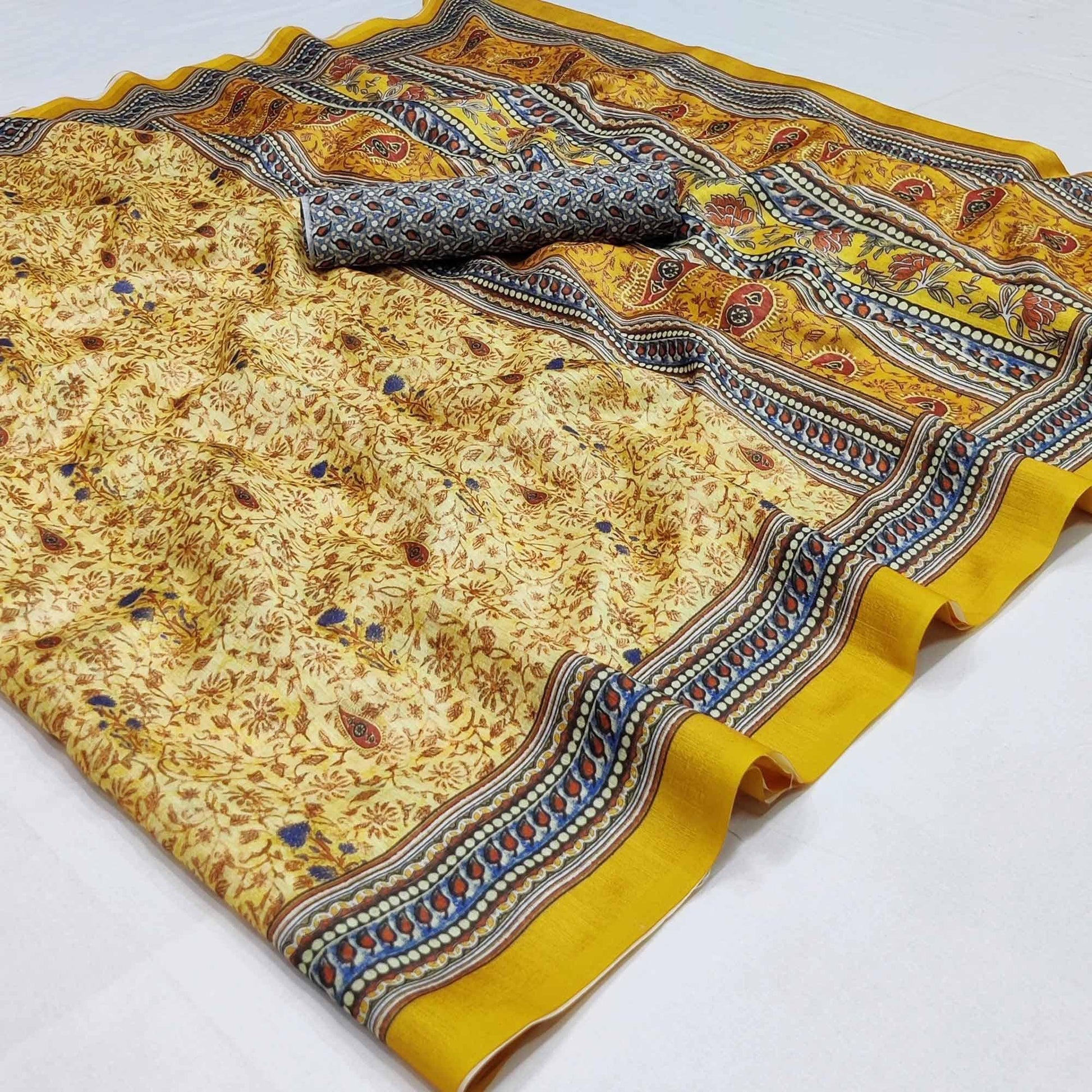 Cream Floral Printed Pure Cotton Saree