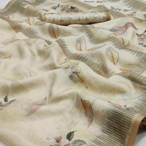 Cream Floral Printed Pure Cotton Saree