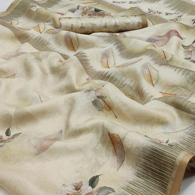 Cream Floral Printed Pure Cotton Saree