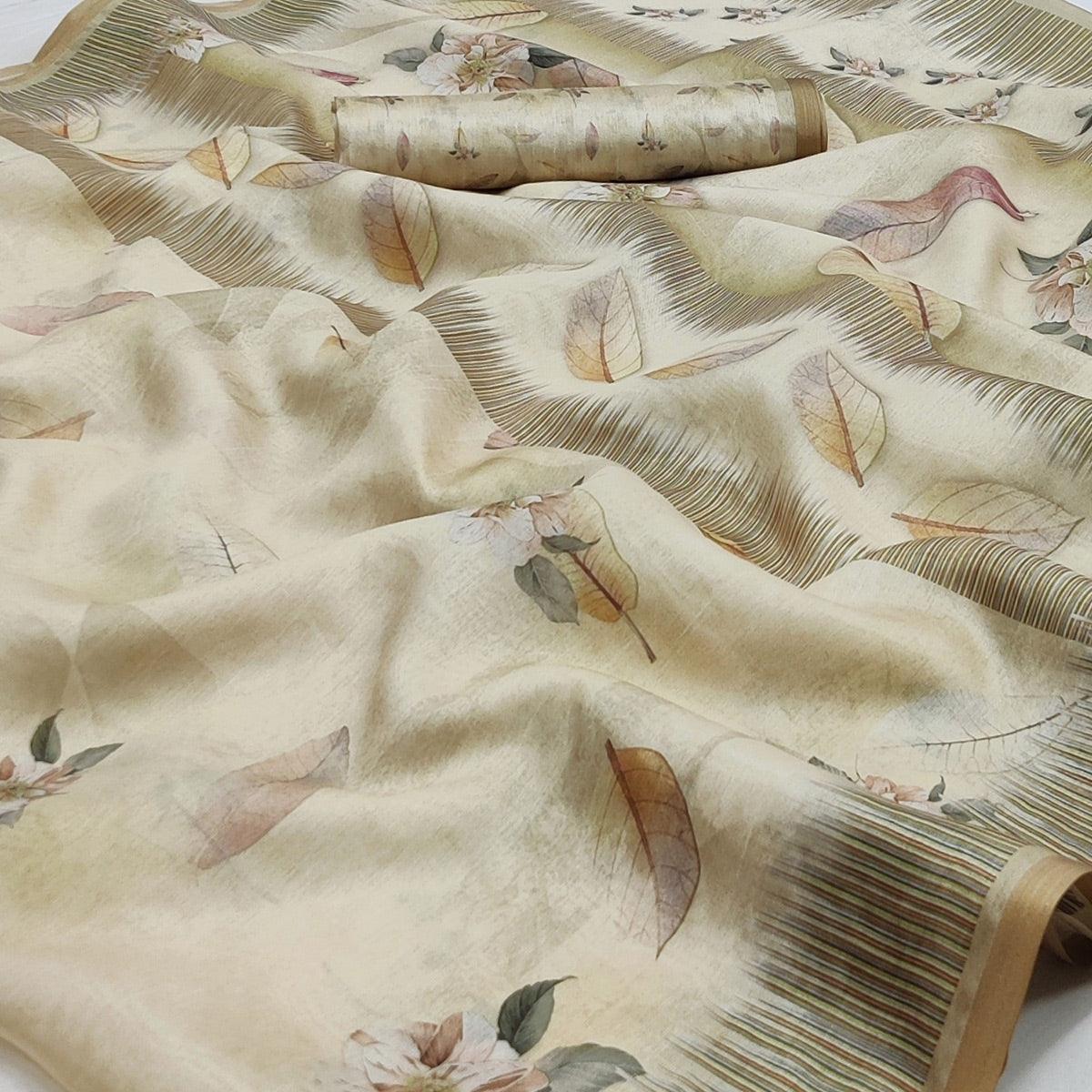 Cream Floral Printed Pure Cotton Saree