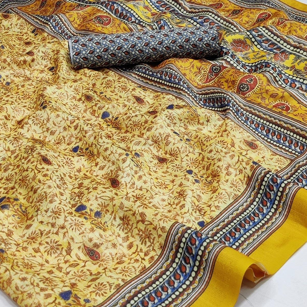 Cream Floral Printed Pure Cotton Saree