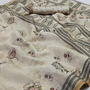 Cream Floral Printed Pure Cotton Saree