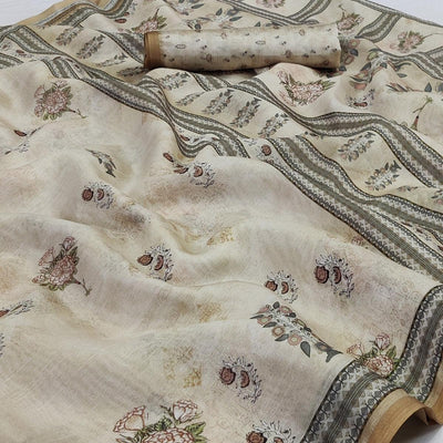 Cream Floral Printed Pure Cotton Saree