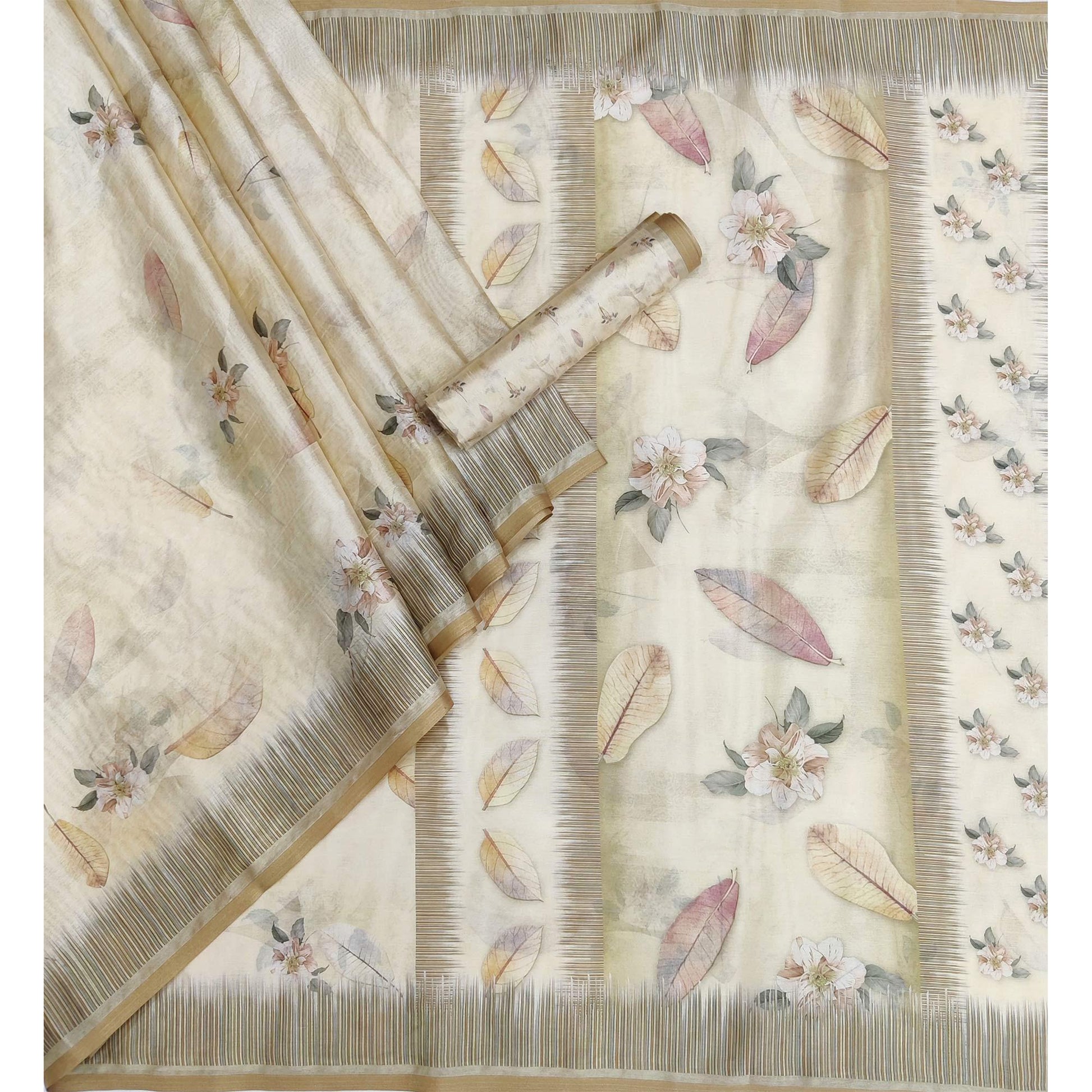 Cream Floral Printed Pure Cotton Saree