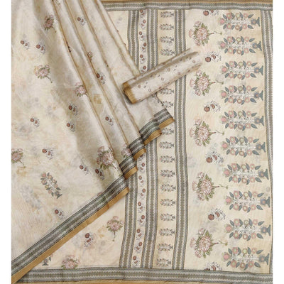 Cream Floral Printed Pure Cotton Saree