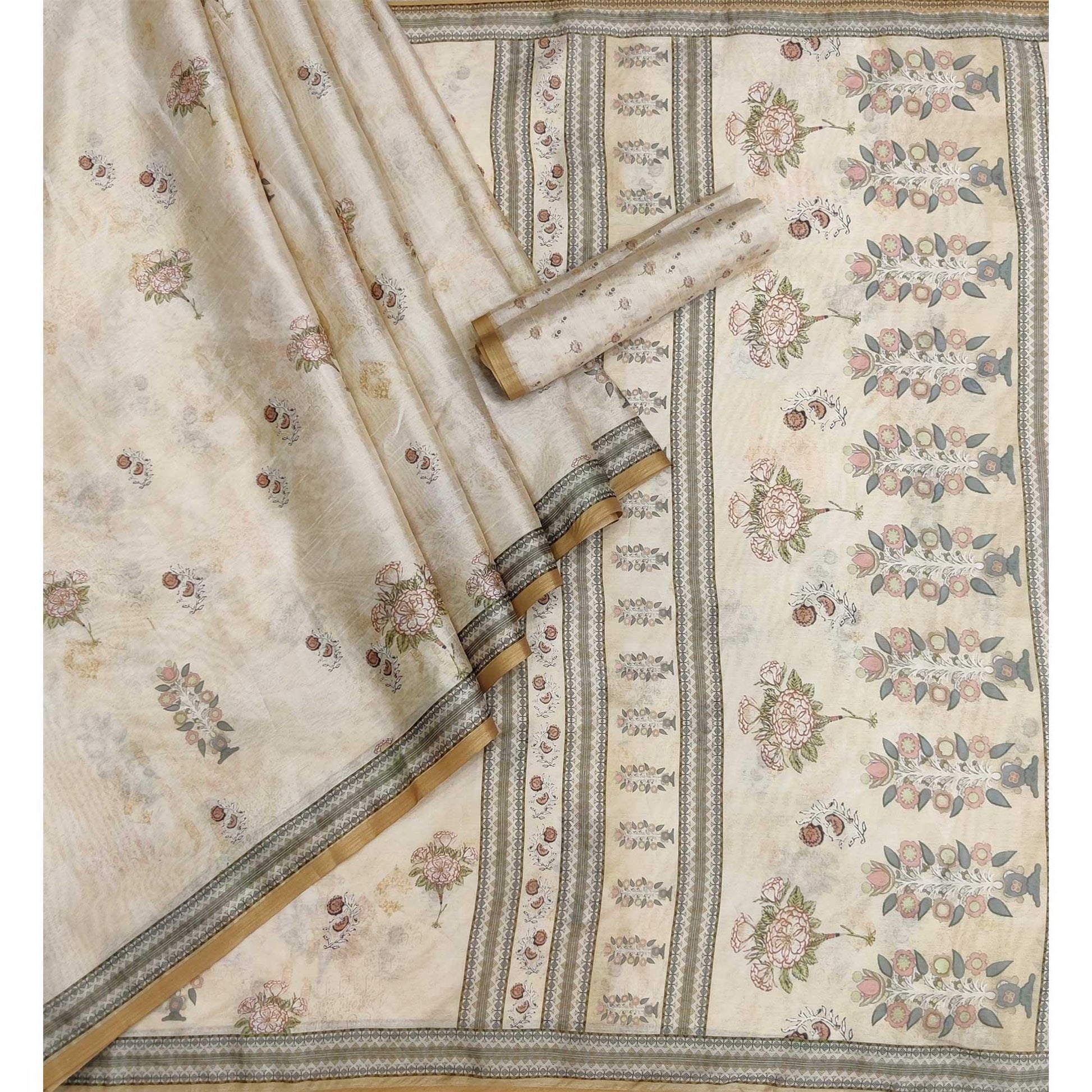 Cream Floral Printed Pure Cotton Saree