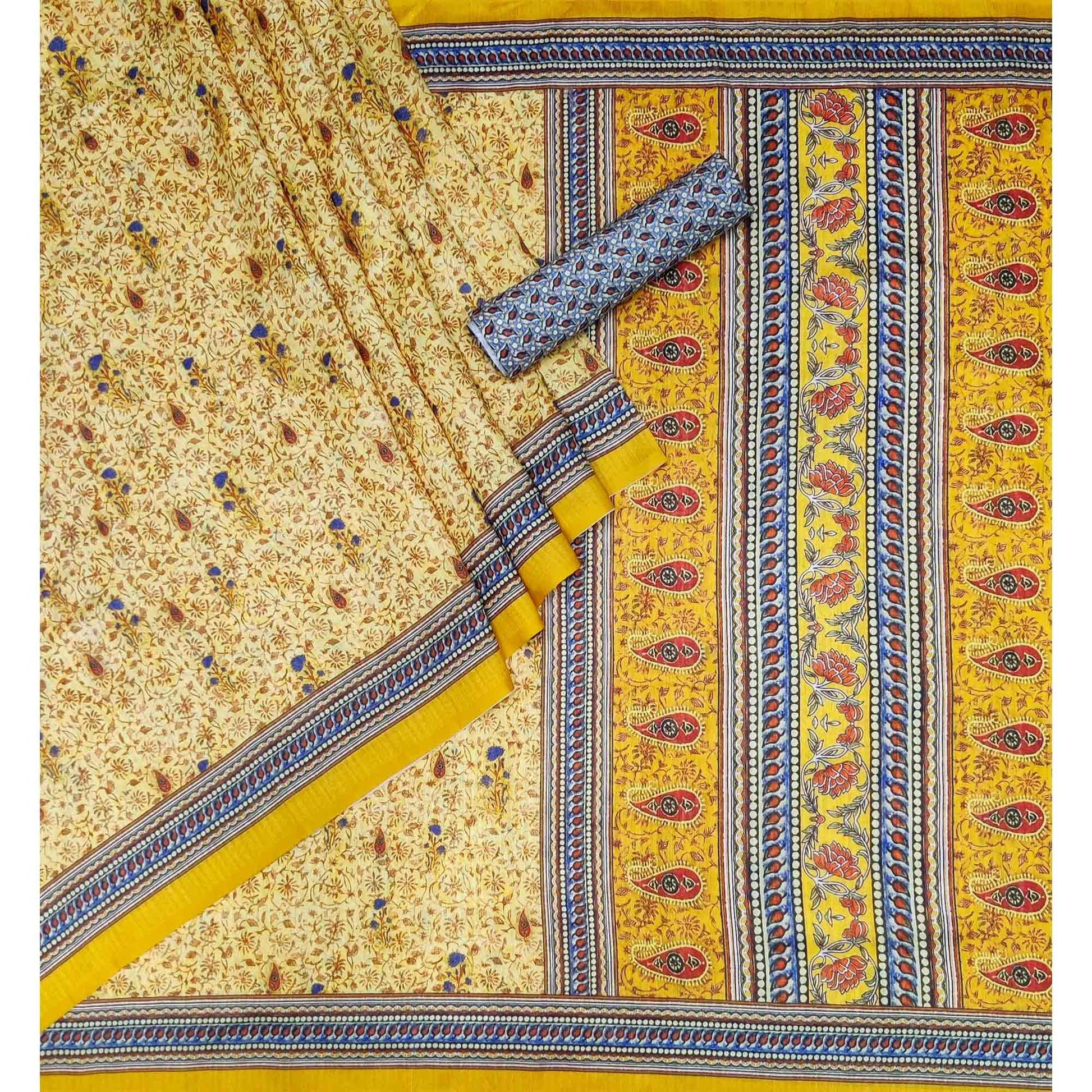 Cream Floral Printed Pure Cotton Saree