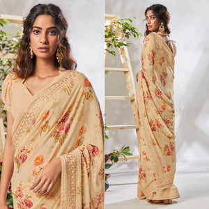 Cream Floral Printed With Embroidered Border Georgette Saree