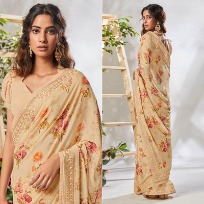 Cream Floral Printed With Embroidered Border Georgette Saree
