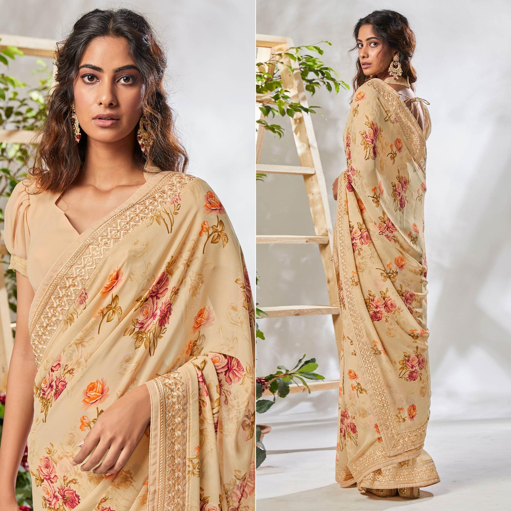 Cream Floral Printed With Embroidered Border Georgette Saree