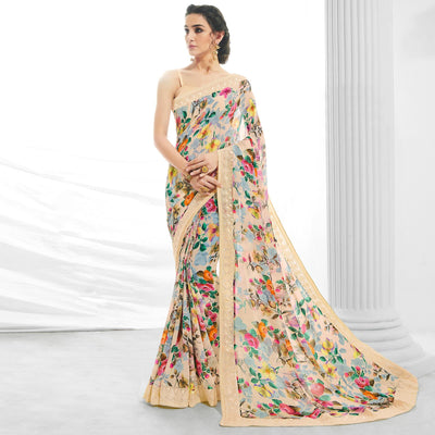 Cream Floral Printed With Embroidered Border Georgette Saree