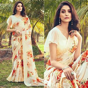 Cream Floral Printed With Embroidered Border Georgette Saree