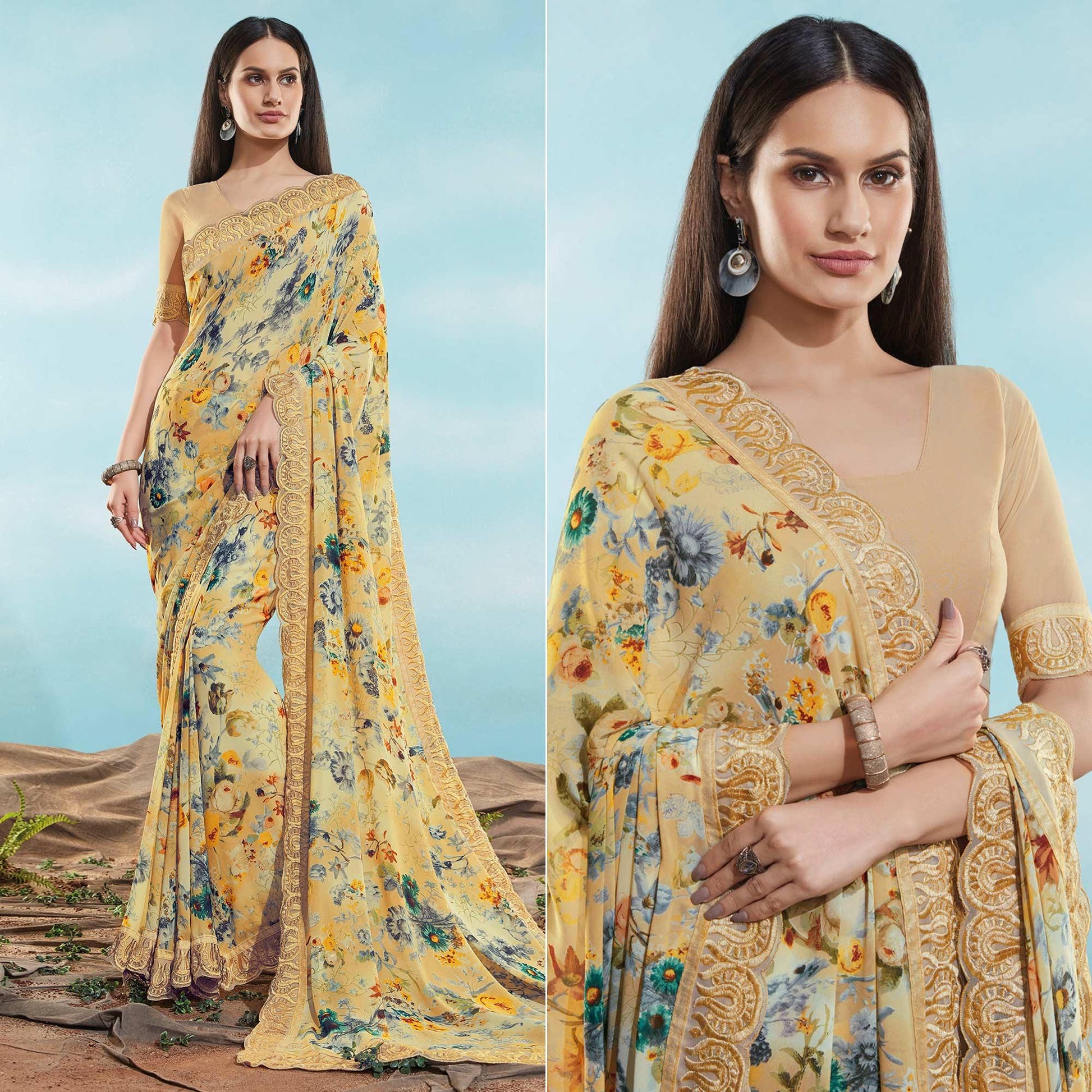 Cream Floral Printed With Embroidered Border Georgette Saree