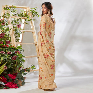 Cream Floral Printed With Embroidered Border Georgette Saree