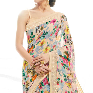Cream Floral Printed With Embroidered Border Georgette Saree