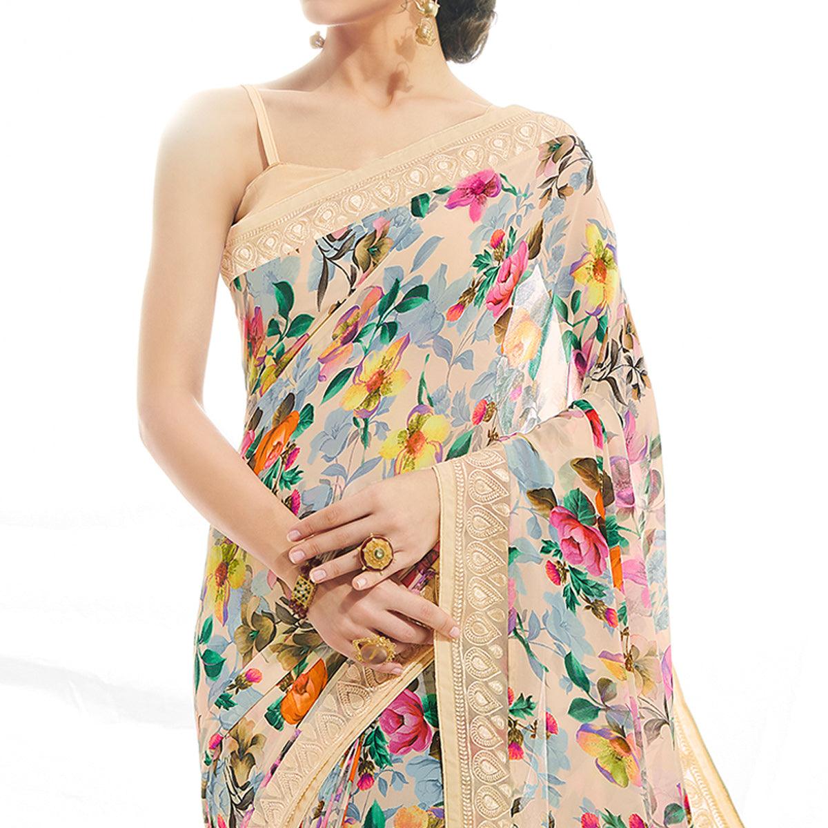 Cream Floral Printed With Embroidered Border Georgette Saree