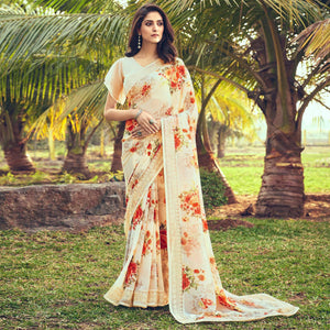 Cream Floral Printed With Embroidered Border Georgette Saree