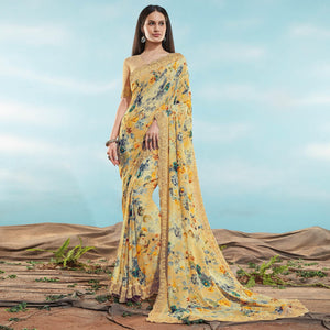 Cream Floral Printed With Embroidered Border Georgette Saree
