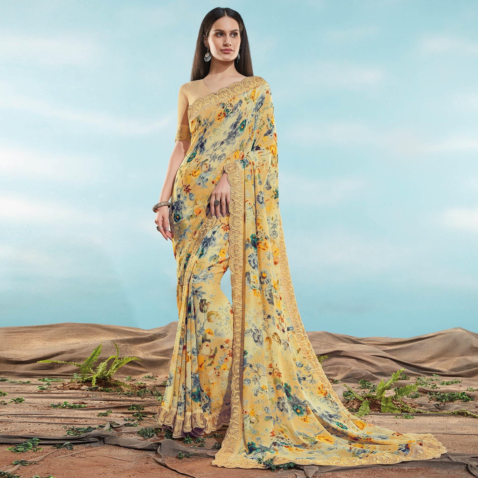 Cream Floral Printed With Embroidered Border Georgette Saree