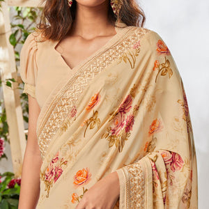 Cream Floral Printed With Embroidered Border Georgette Saree
