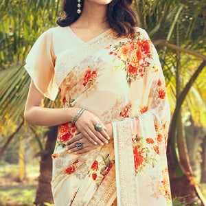 Cream Floral Printed With Embroidered Border Georgette Saree