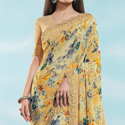 Cream Floral Printed With Embroidered Border Georgette Saree