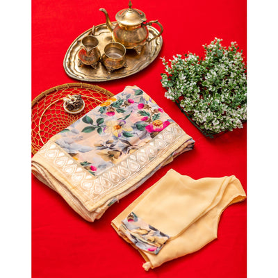 Cream Floral Printed With Embroidered Border Georgette Saree