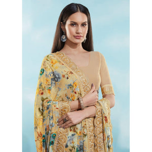 Cream Floral Printed With Embroidered Border Georgette Saree