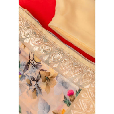 Cream Floral Printed With Embroidered Border Georgette Saree