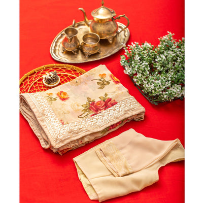 Cream Floral Printed With Embroidered Border Georgette Saree