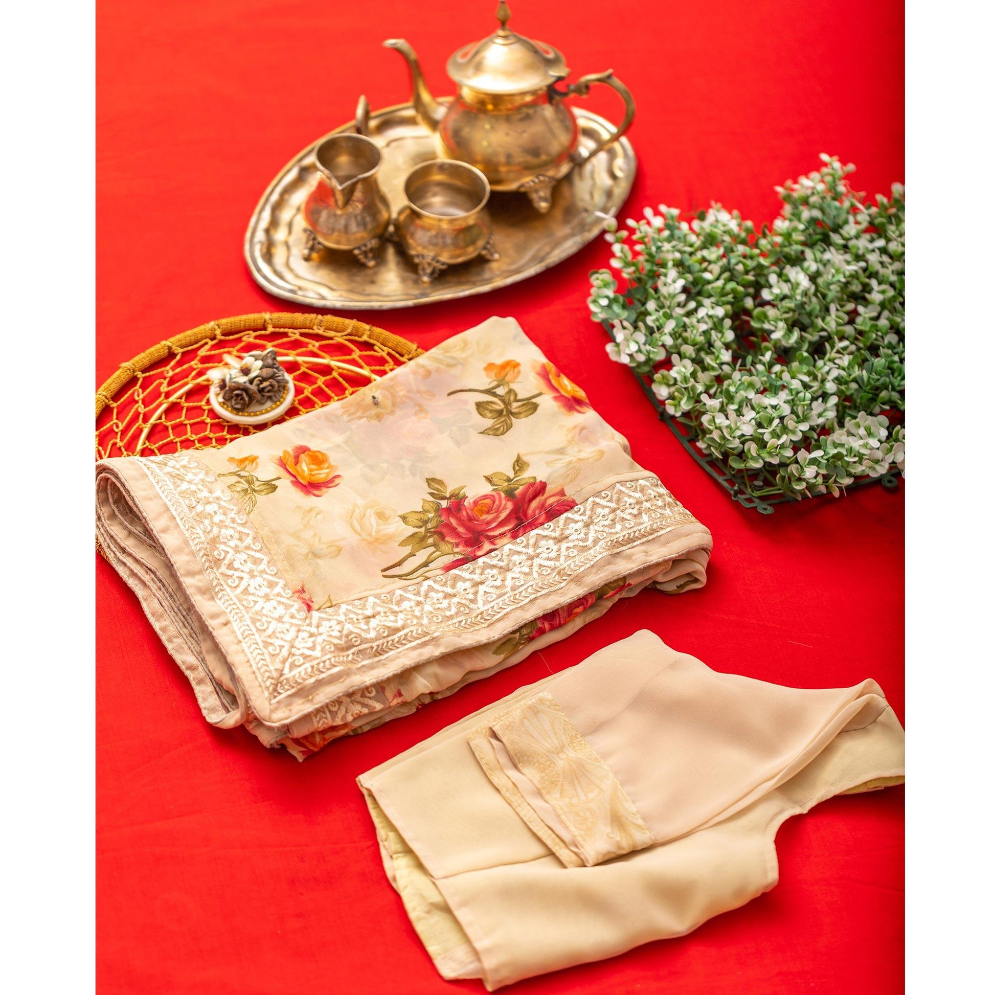 Cream Floral Printed With Embroidered Border Georgette Saree