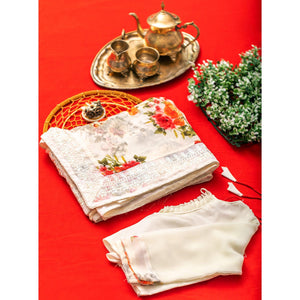 Cream Floral Printed With Embroidered Border Georgette Saree