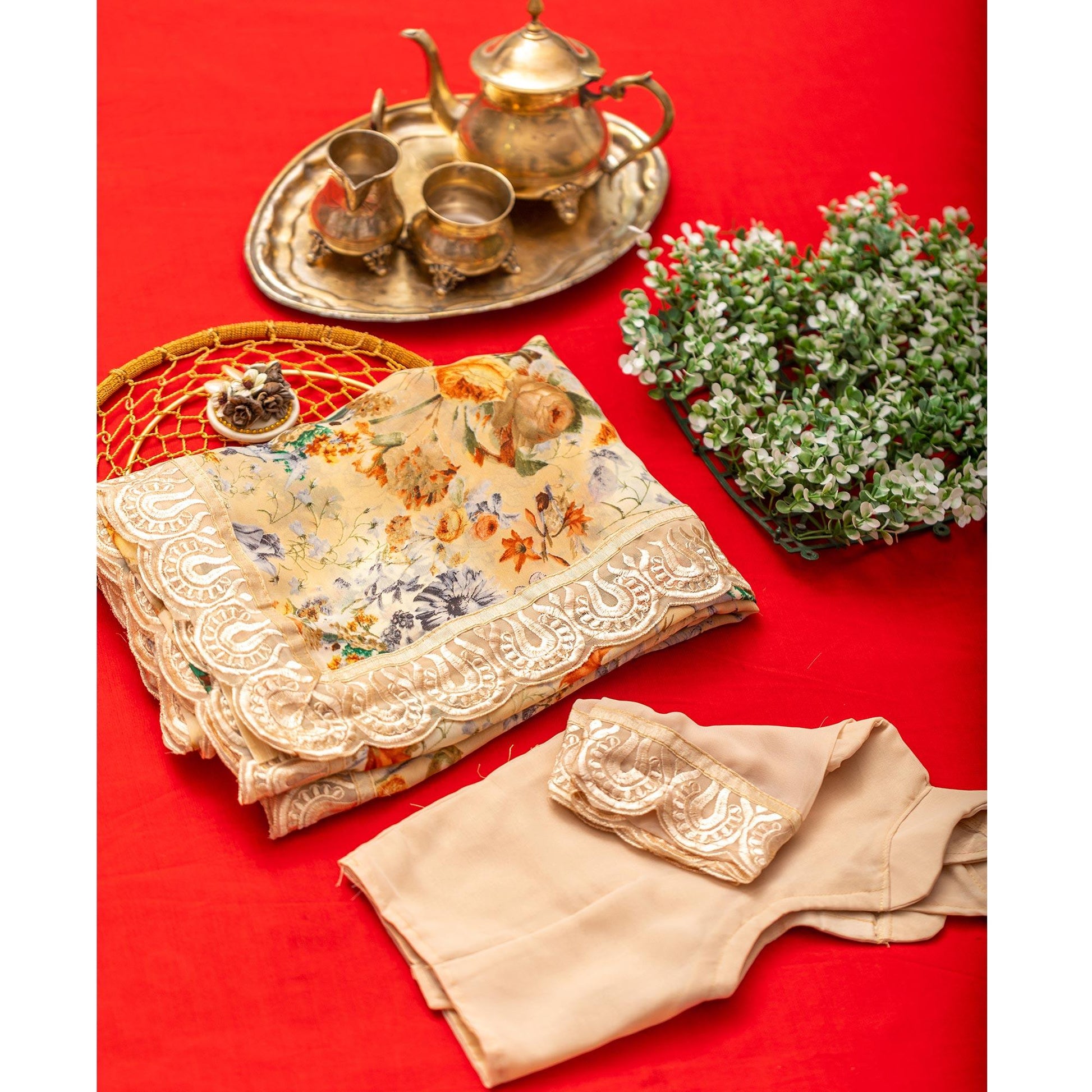 Cream Floral Printed With Embroidered Border Georgette Saree