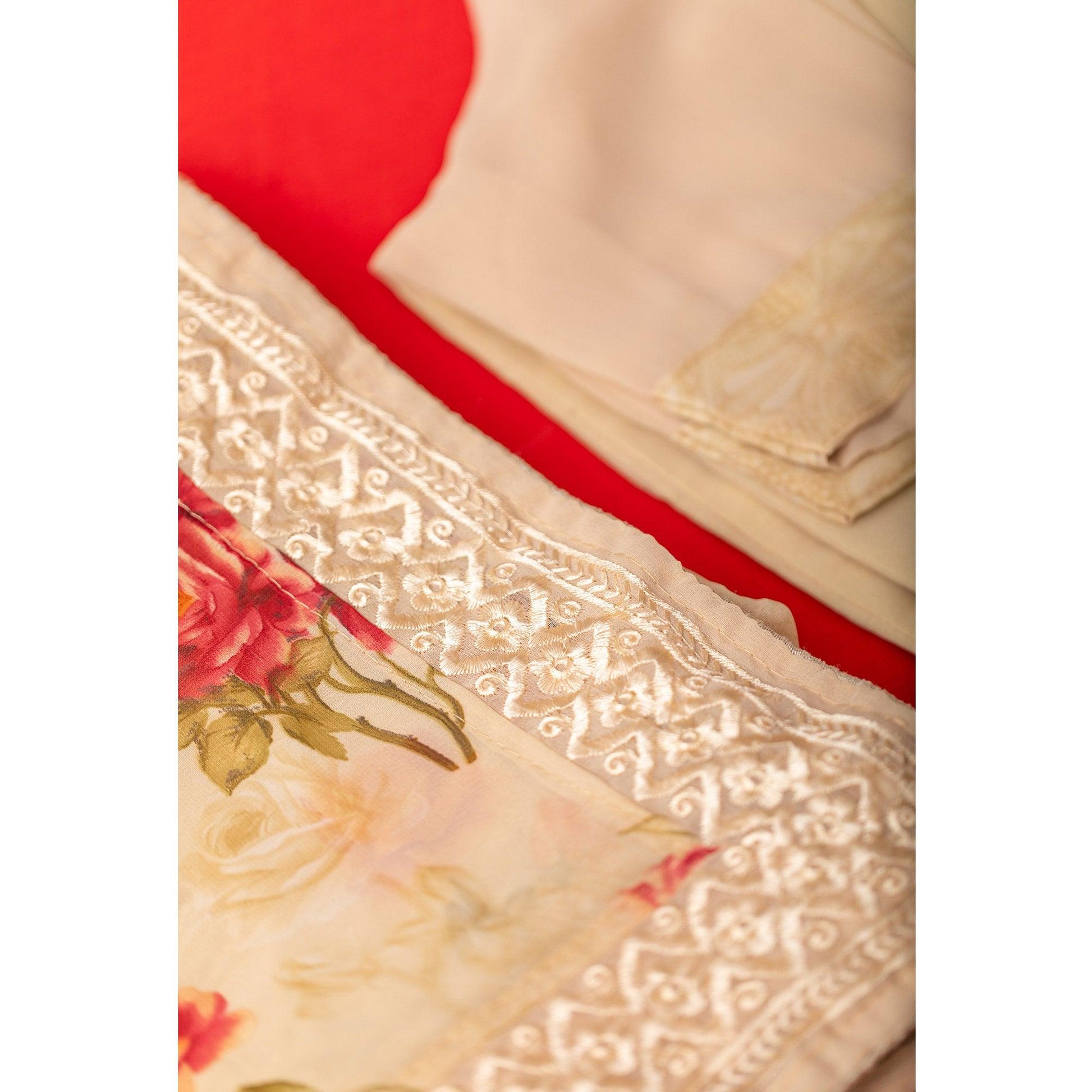 Cream Floral Printed With Embroidered Border Georgette Saree