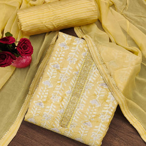 Cream Floral Printed With Embroidery Muslin Dress Material