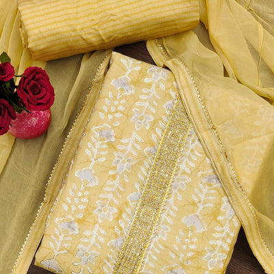 Cream Floral Printed With Embroidery Muslin Dress Material