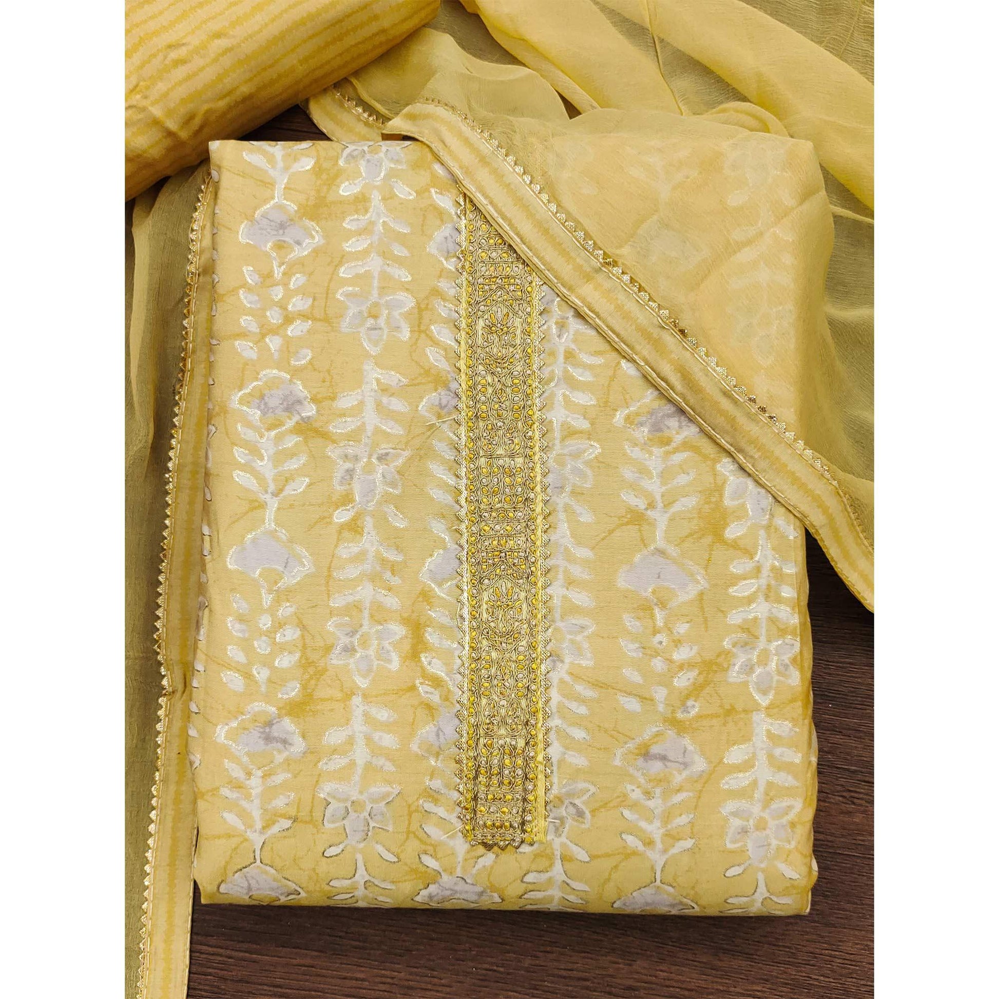 Cream Floral Printed With Embroidery Muslin Dress Material