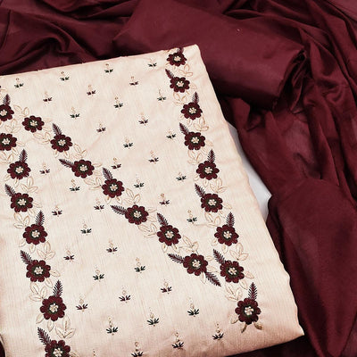 Cream Floral Sequins Embroidered Art Silk Dress Material