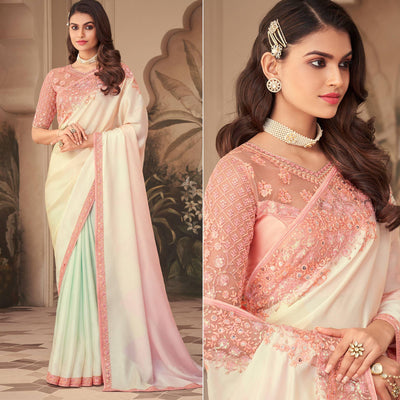 Cream Floral Sequins Embroidered Art Silk Saree