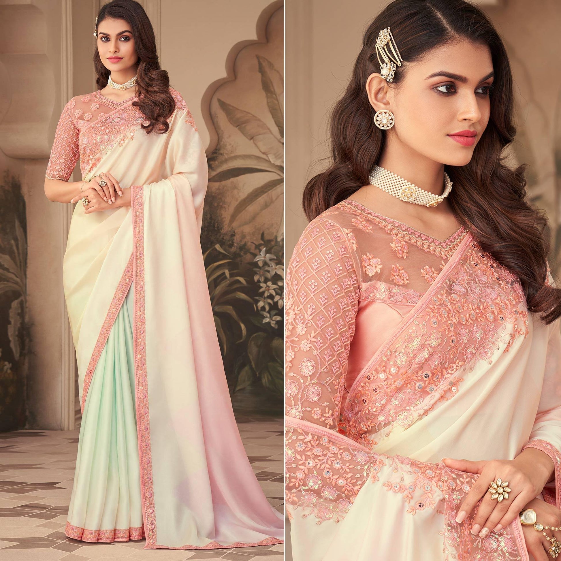 Cream Floral Sequins Embroidered Art Silk Saree