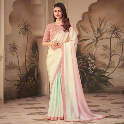 Cream Floral Sequins Embroidered Art Silk Saree