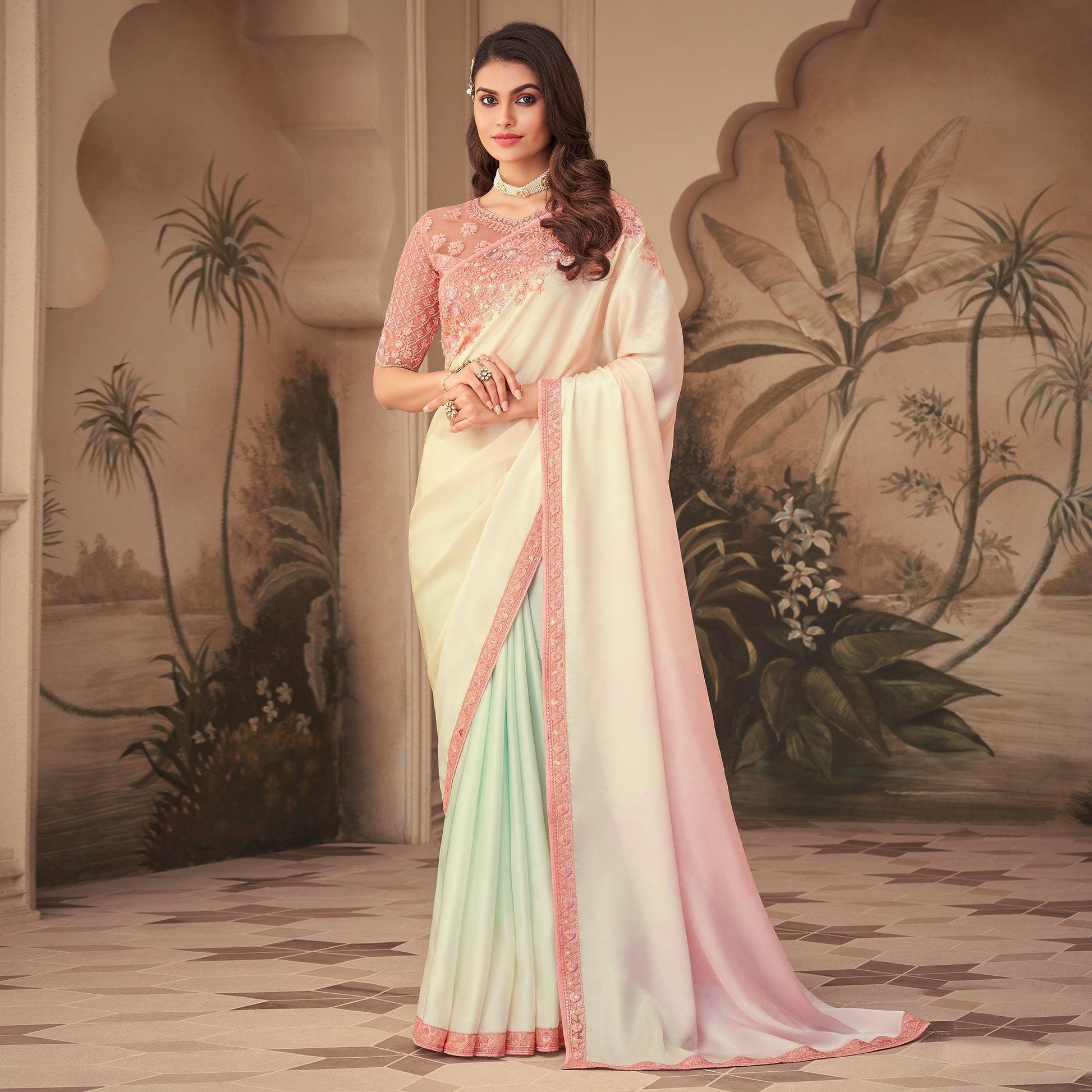 Cream Floral Sequins Embroidered Art Silk Saree