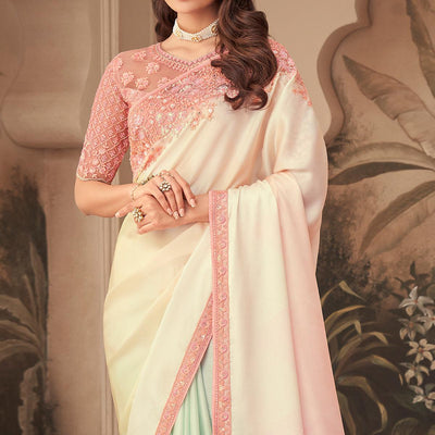 Cream Floral Sequins Embroidered Art Silk Saree