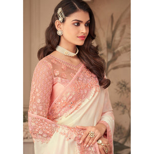 Cream Floral Sequins Embroidered Art Silk Saree